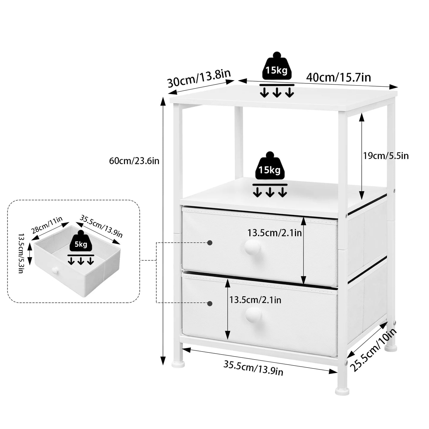 Table de nuit compartiment ouvert blanc avec tiroirs -