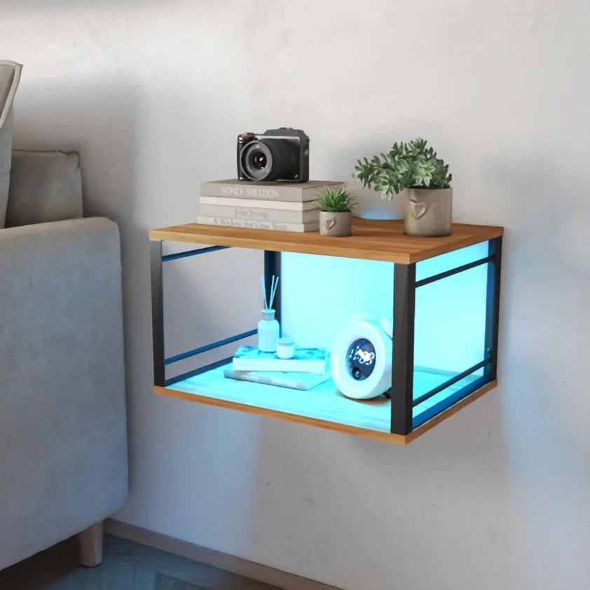 Table de nuit bois clair et métal pour mur à LED -