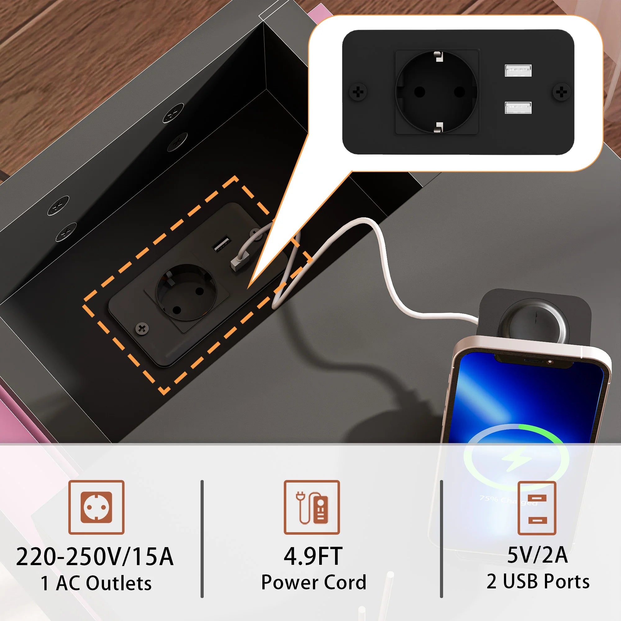 Table de nuit connecté avec station de charge et 3 tiroirs -