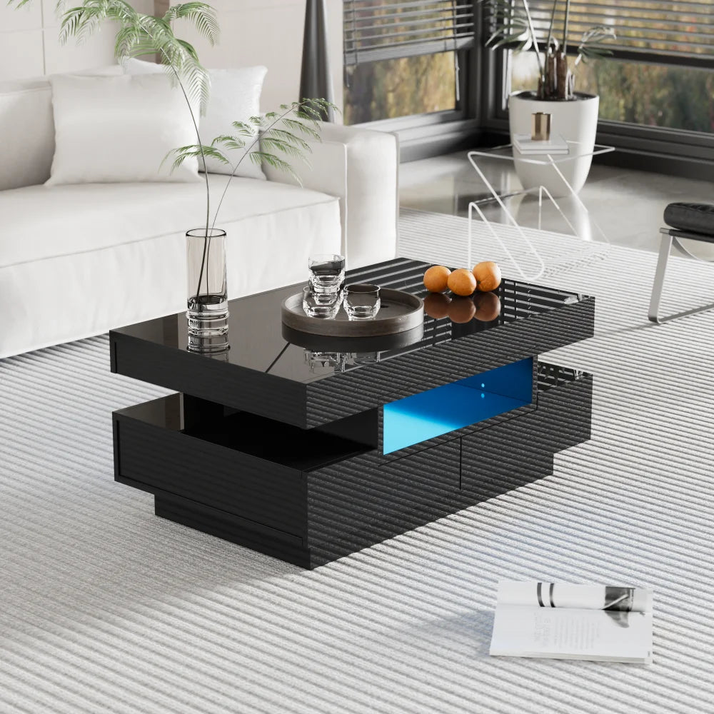Table basse rectangulaire laquée avec tiroir et LED - Table basse Noir