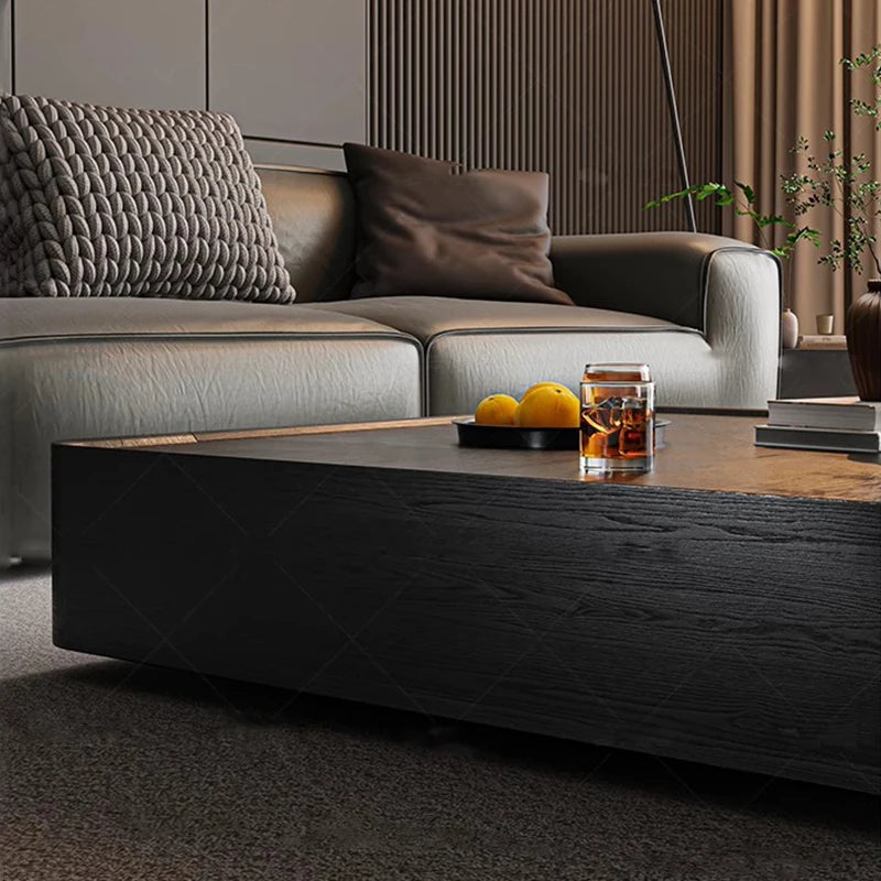 Table basse bois noir de forme carrée avec tiroirs de rangement -