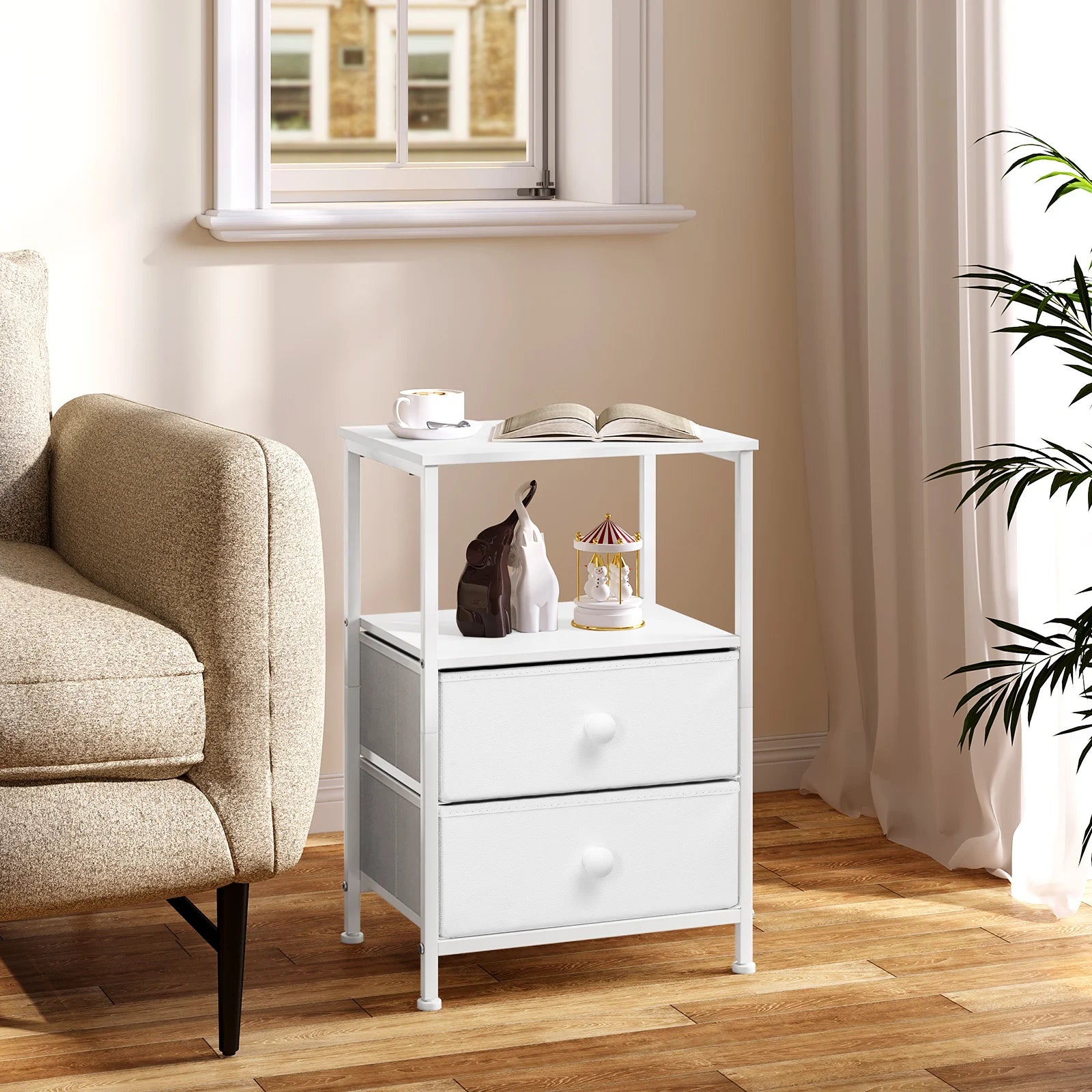 Table de nuit compartiment ouvert blanc avec tiroirs -