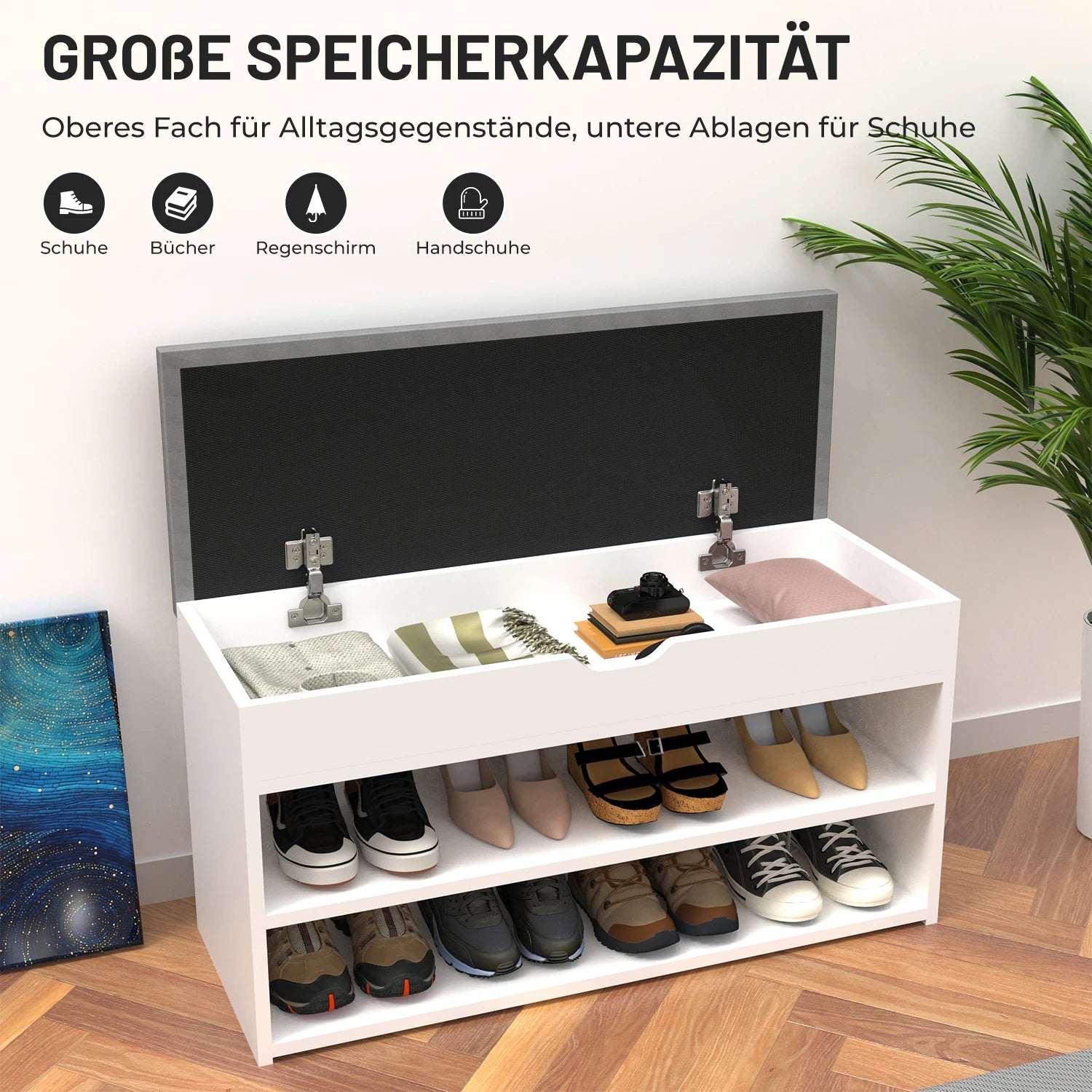 Meuble à chaussure blanche avec siège rembourrée et de taille 80 x 30 x 44 cm, -