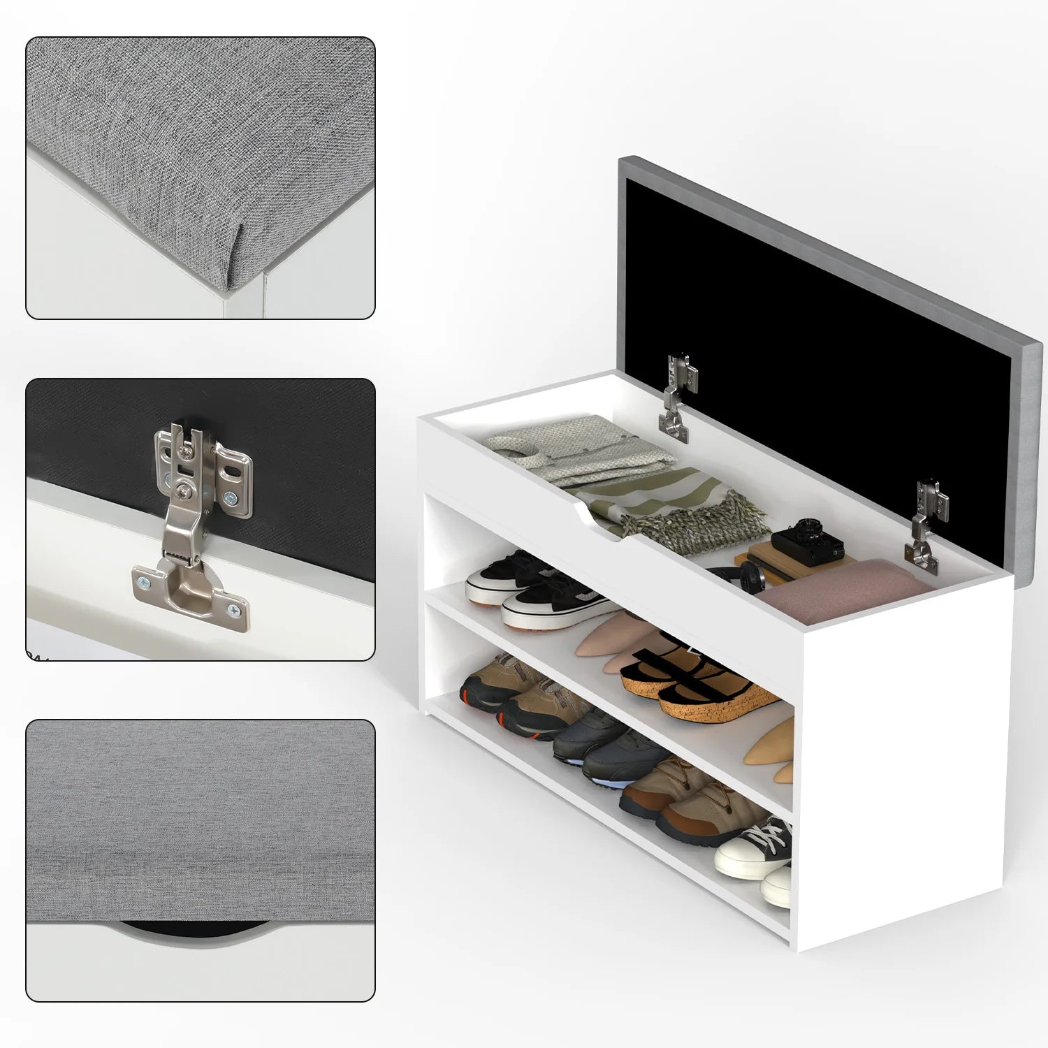 Meuble à chaussure blanche avec siège rembourrée et de taille 80 x 30 x 44 cm, -