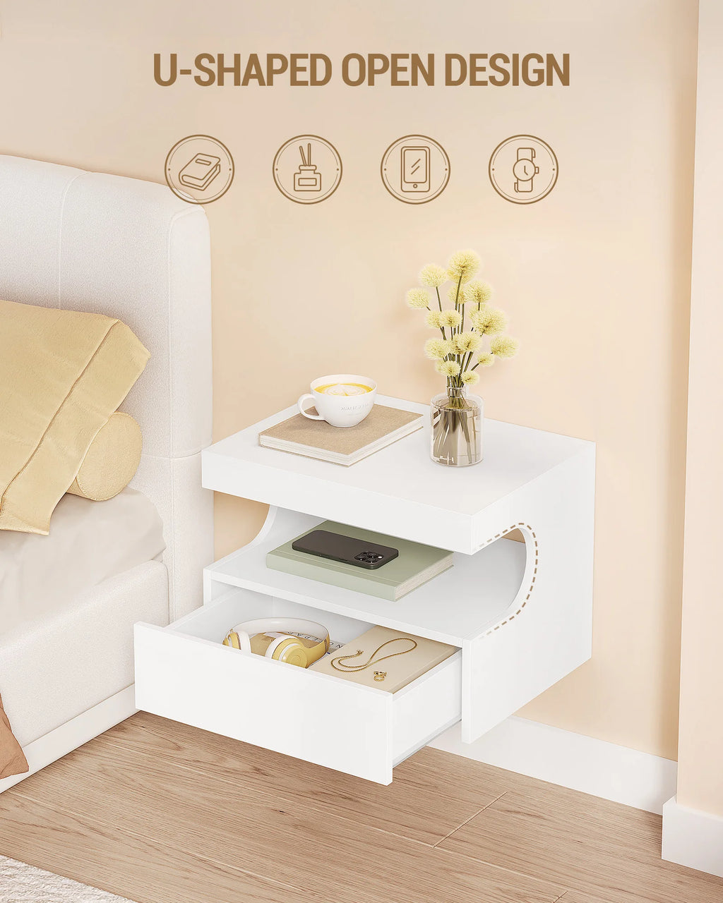 Table de nuit flottante blanche pour chambre - 1 pièce -