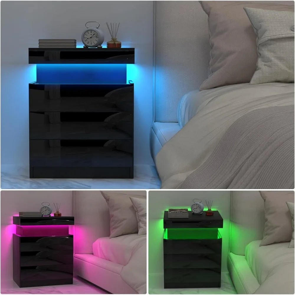Table de Chevet design noir avec 3 Tiroirs et LED -