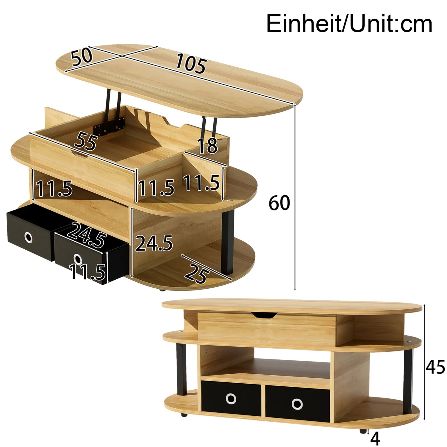 Table basse en bois transformable à plusieurs compartiments -