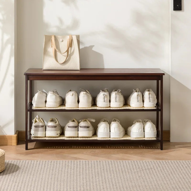 Meuble à chaussure bas d'entrée en bois massif -