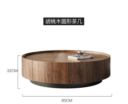 Table basse bois flottant ronde avec tiroirs sur le coté -