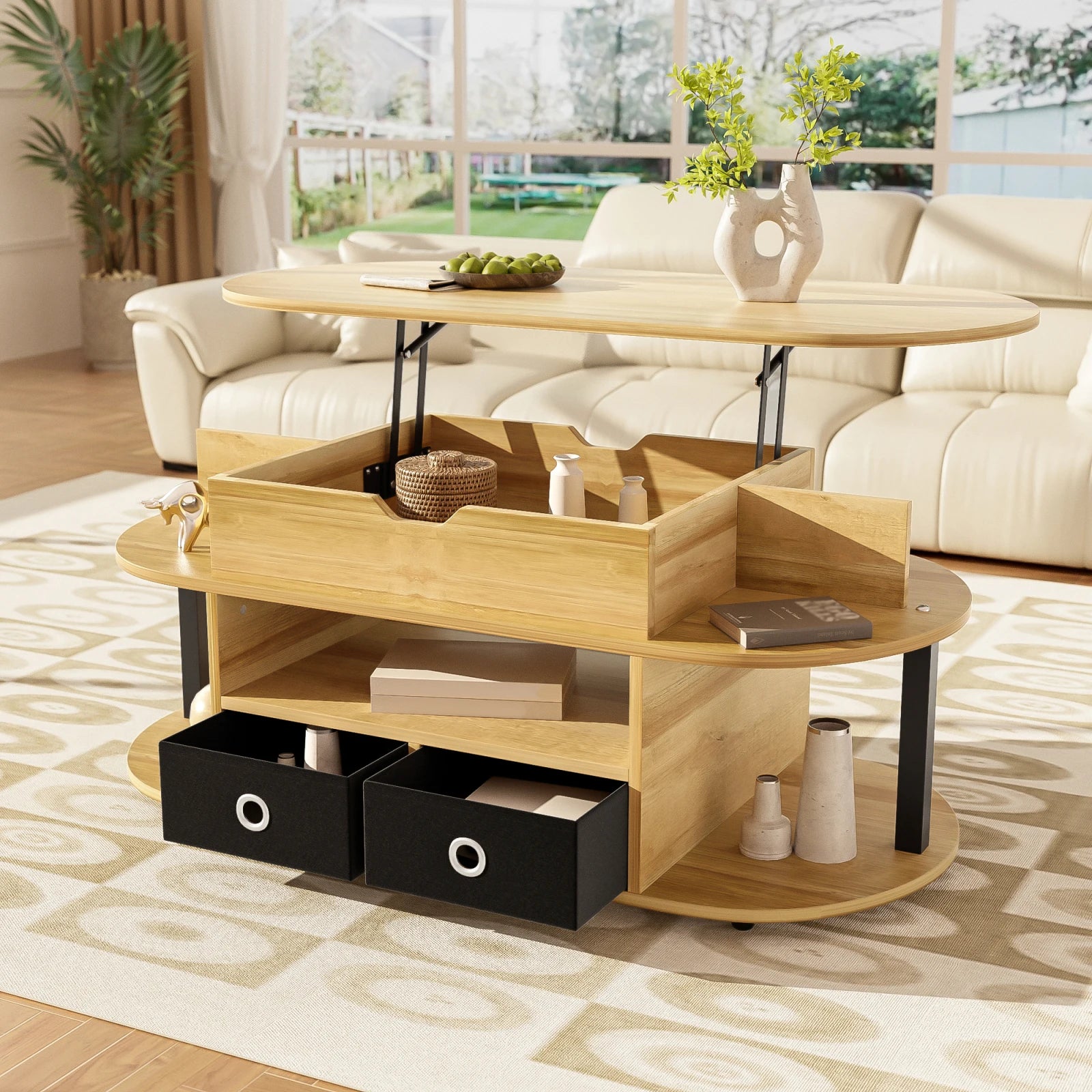 Table basse en bois transformable à plusieurs compartiments -