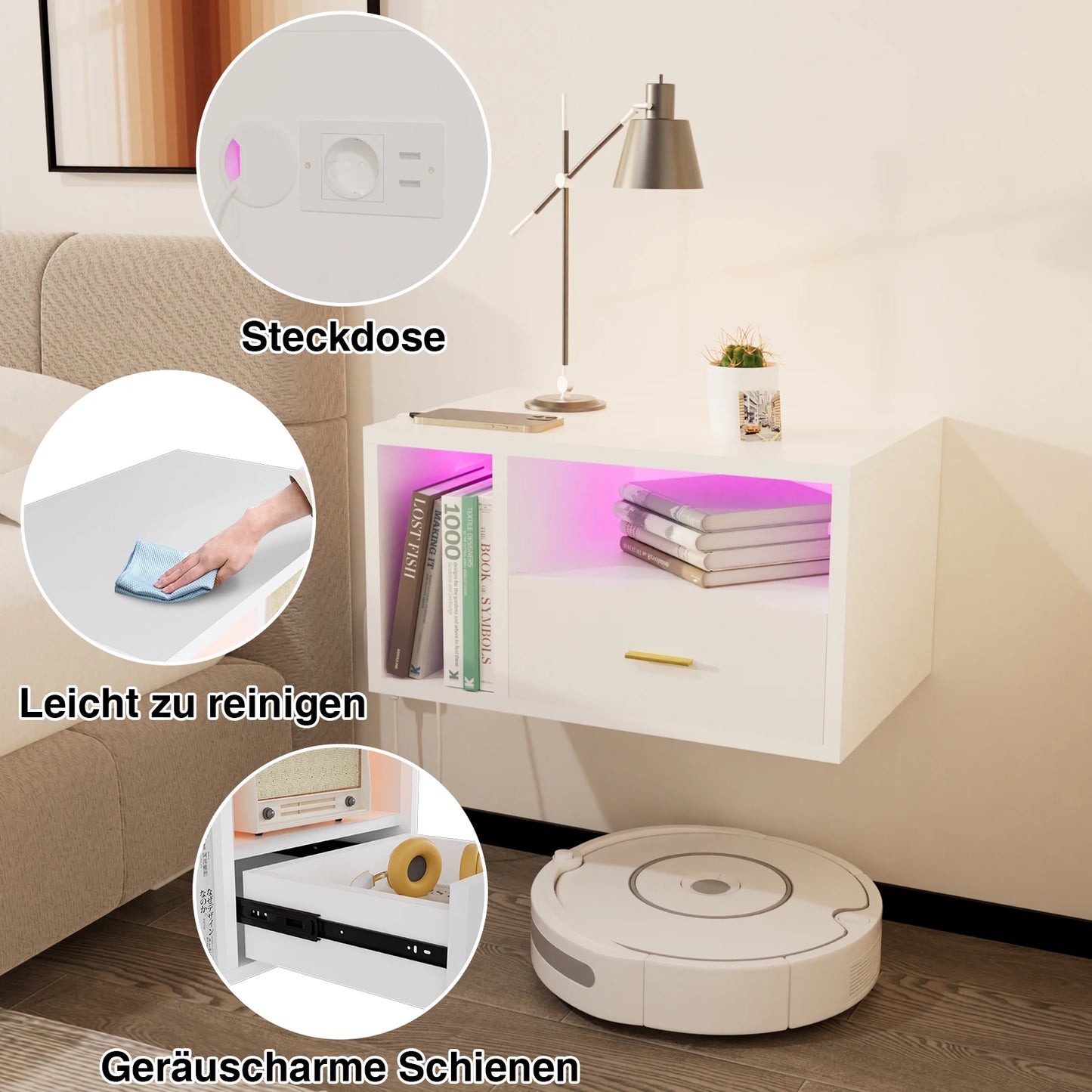 Table de nuit suspendue avec station de charge -