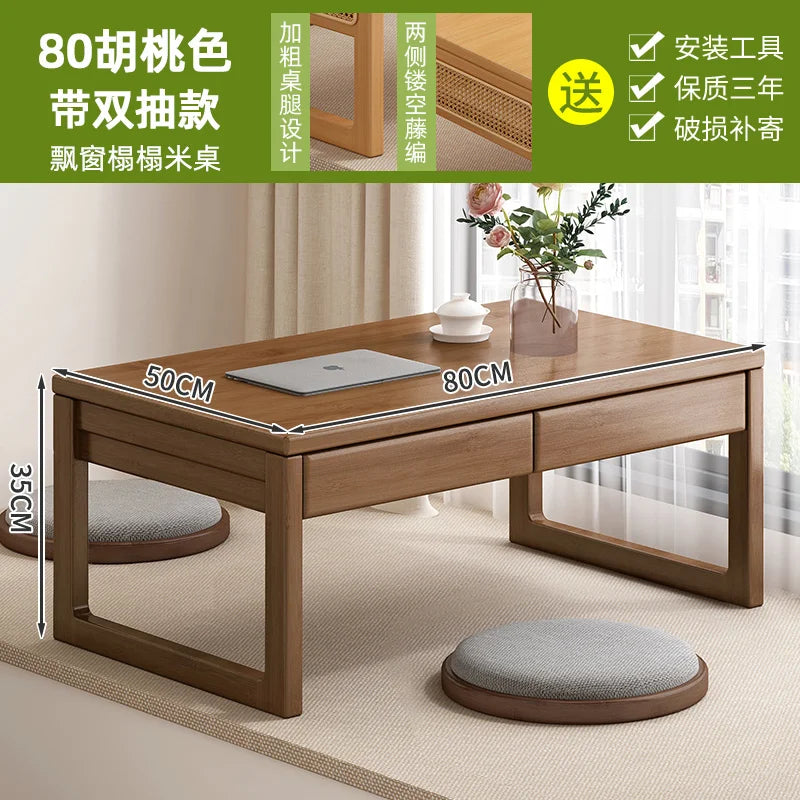 Table basse bureau japonais en bois naturel - 80 Noyer 2 pompes