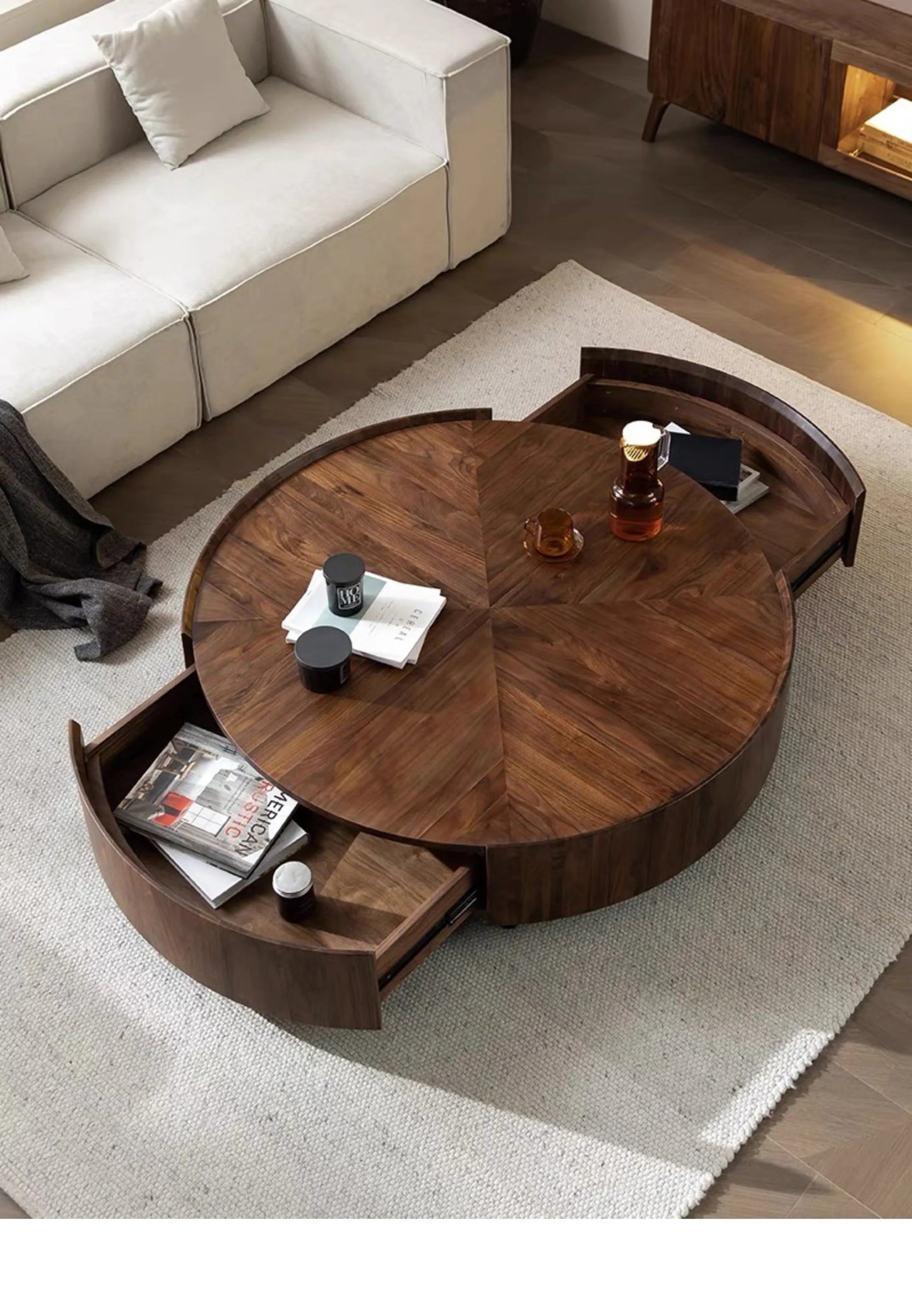 Table basse bois flottant ronde avec tiroirs sur le coté -