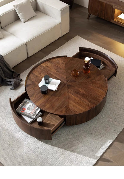 Table basse bois flottant ronde avec tiroirs sur le coté -
