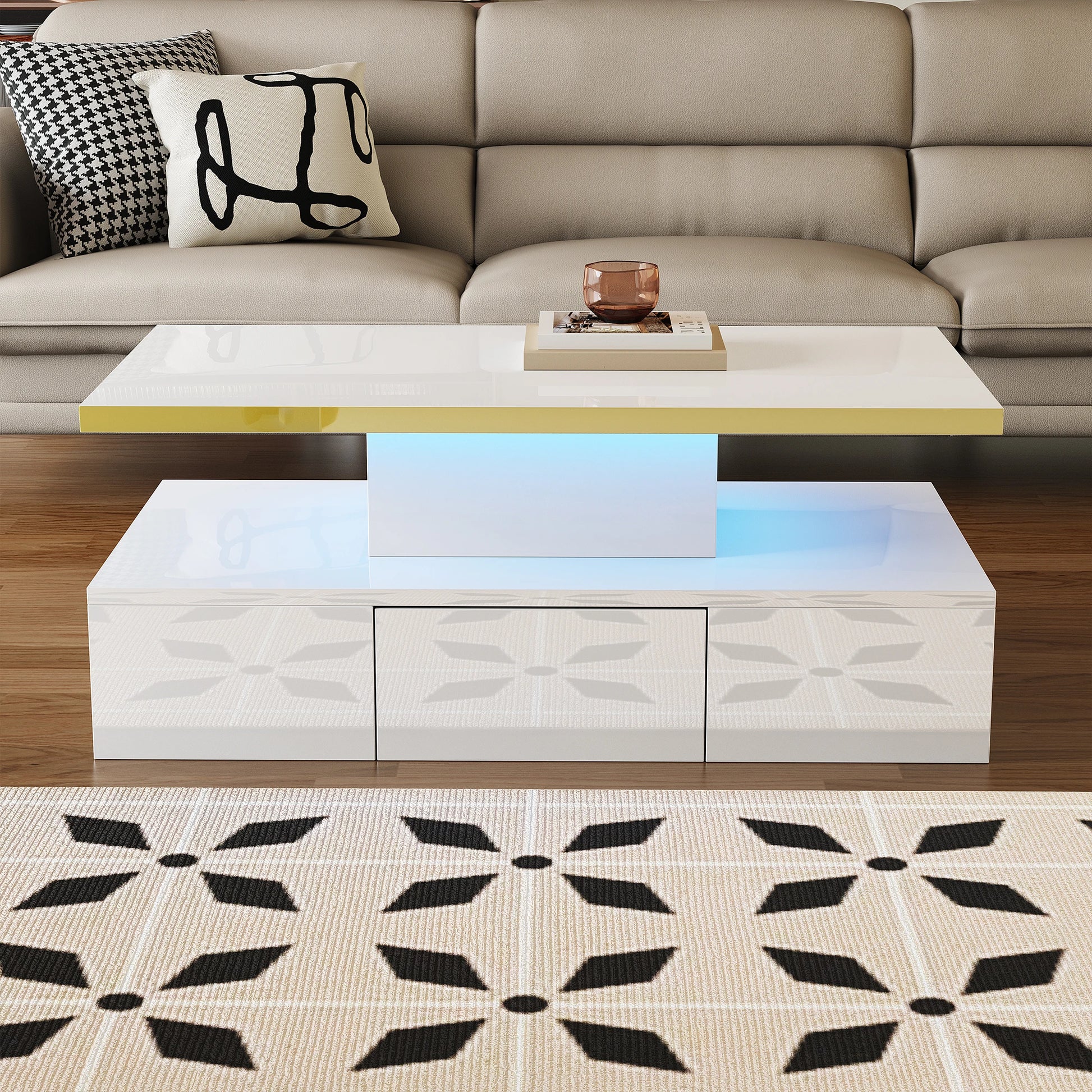 Table basse rectangulaire moderne et brillante avec éclairage LED -