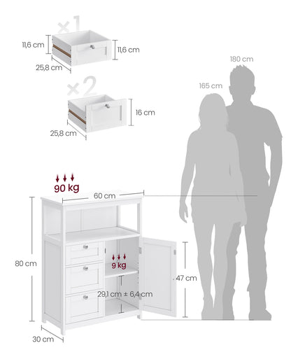 Meuble salle de bain bas avec 3 Tiroirs 60 x 30 x 80 cm, Blanc -