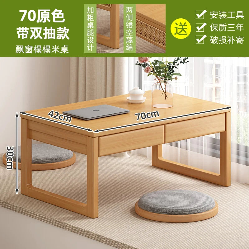 Table basse bureau japonais en bois naturel - 70 Bois 2 tiroirs