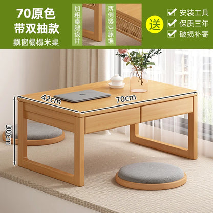 Table basse bureau japonais en bois naturel - 70 Bois 2 tiroirs