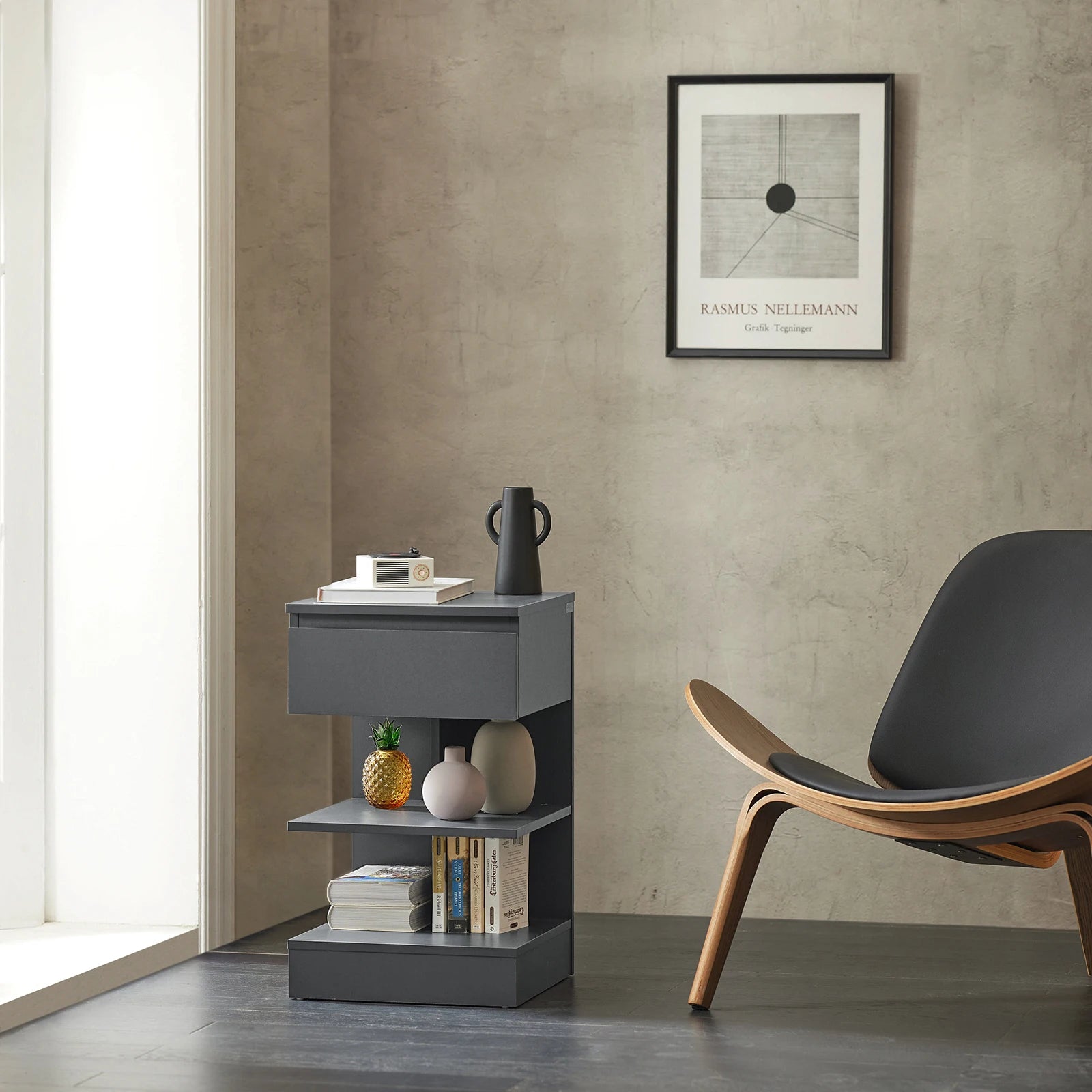 Table de chevet moderne et originale avec 1 tiroir - 39x65x39cm - Gris Table de chevet