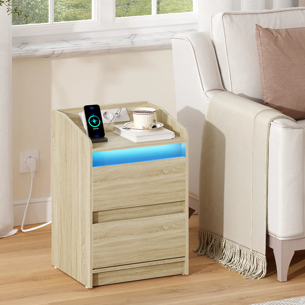 Table de nuit LED avec prise USB, 2 tiroirs -