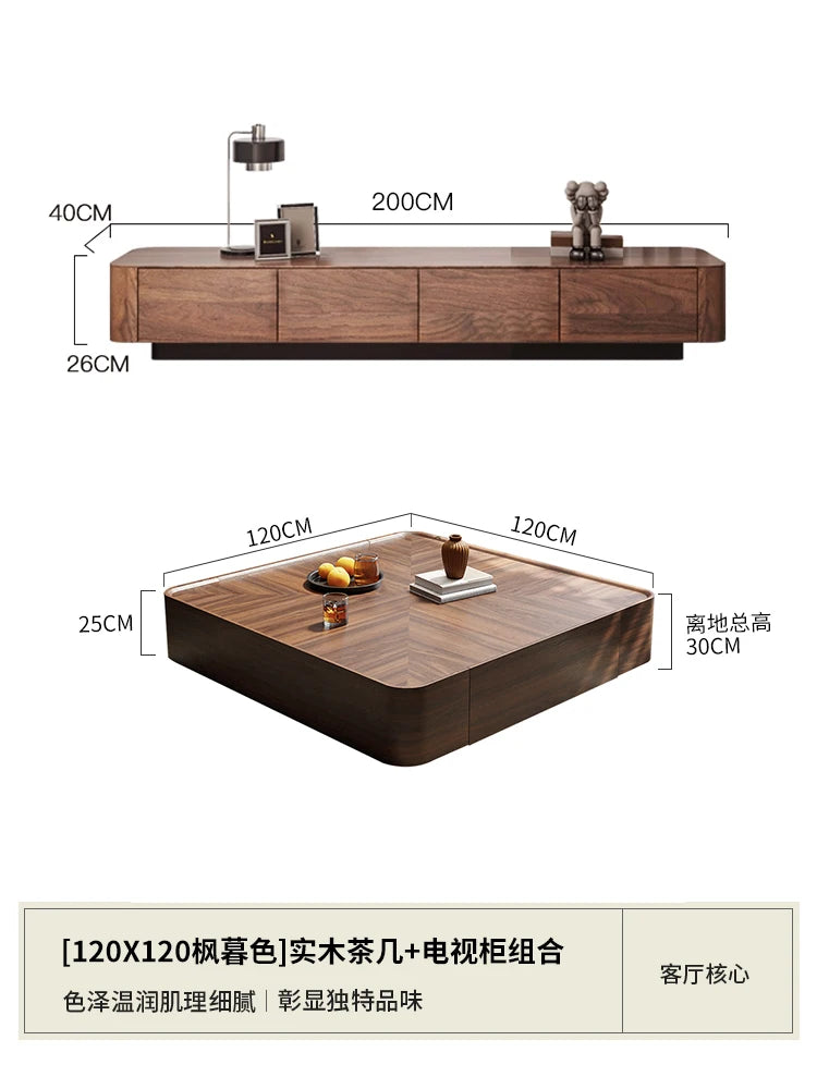 Table basse bois noir de forme carrée avec tiroirs de rangement - 120x120x30-200x40x26