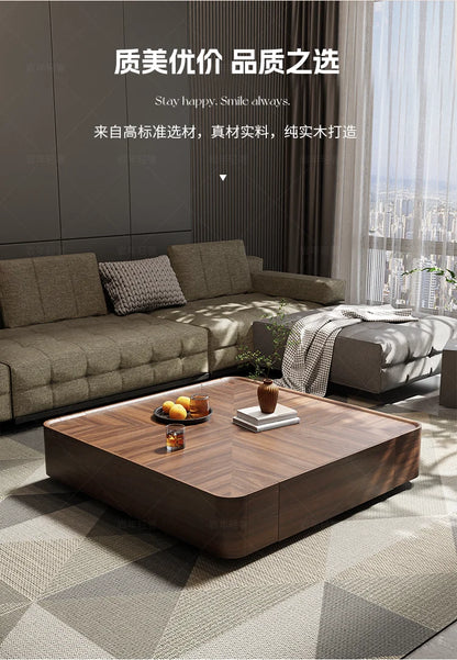 Table basse bois noir de forme carrée avec tiroirs de rangement -