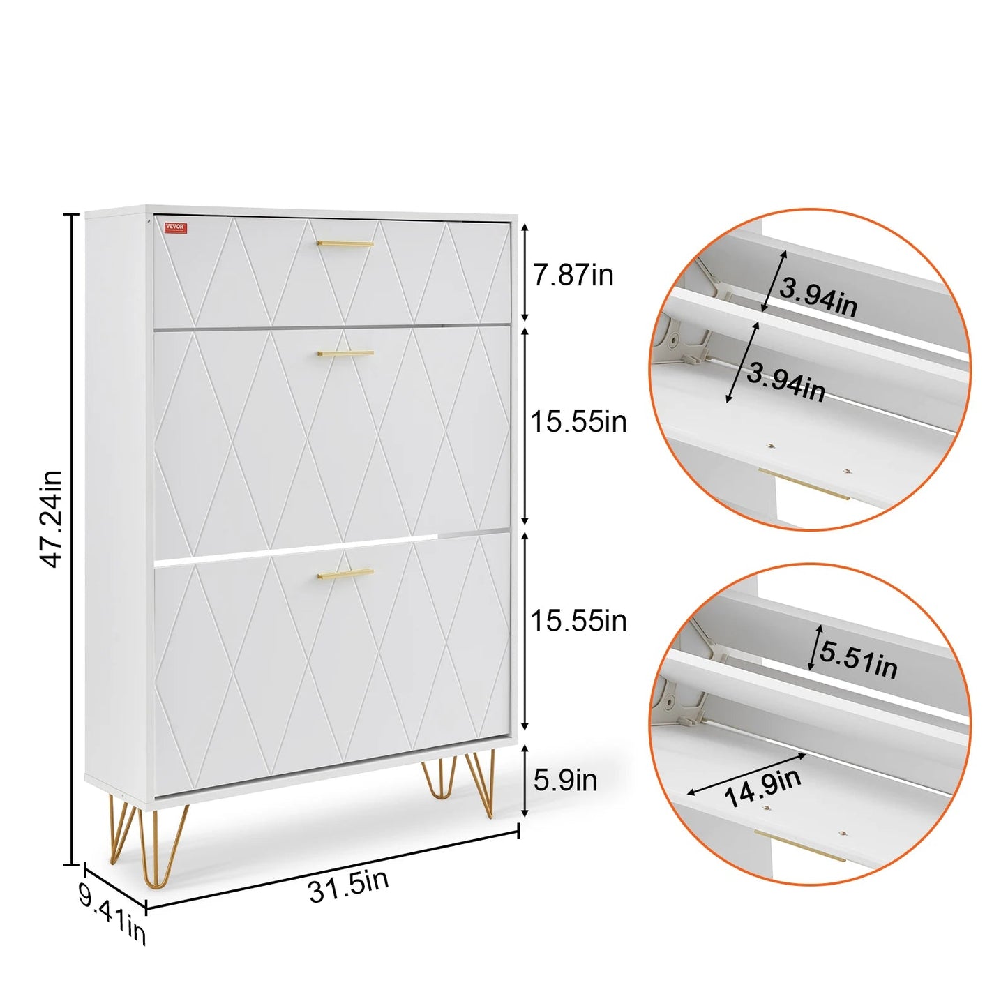 Meuble à chaussure avec tiroirs rabattables autoportants pour sabots et talons -