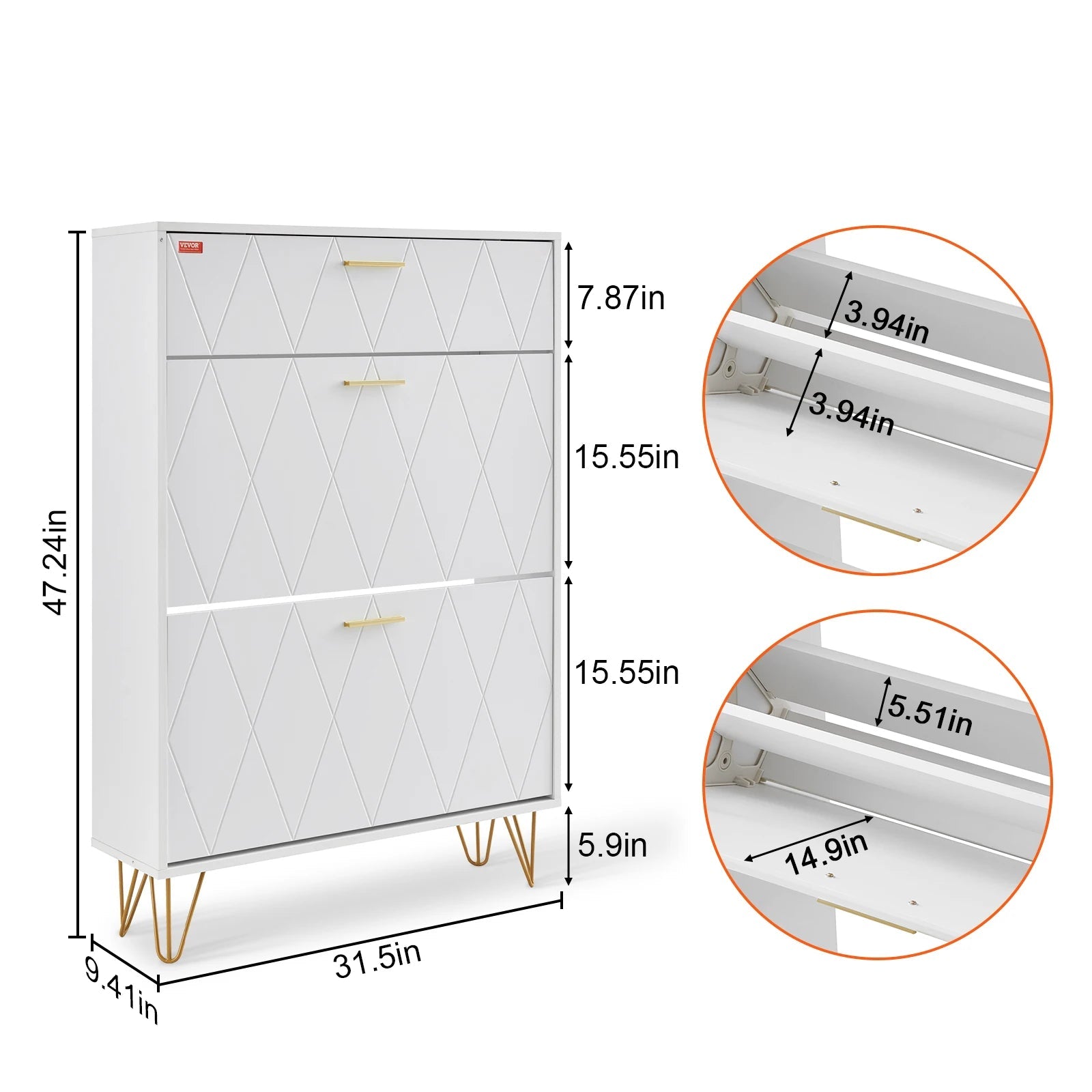 Meuble à chaussure avec tiroirs rabattables autoportants pour sabots et talons -