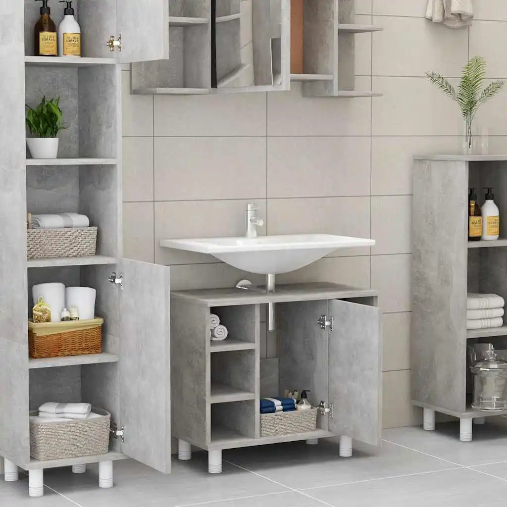 Meuble salle de bain gris béton en bois -