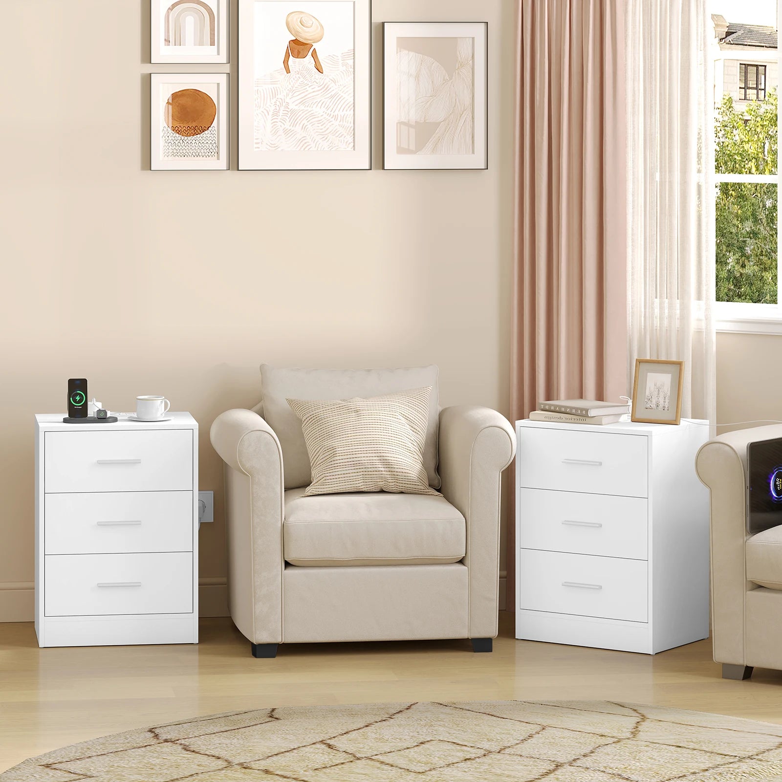 Table de chevet avec prise 3 tiroirs blanc -