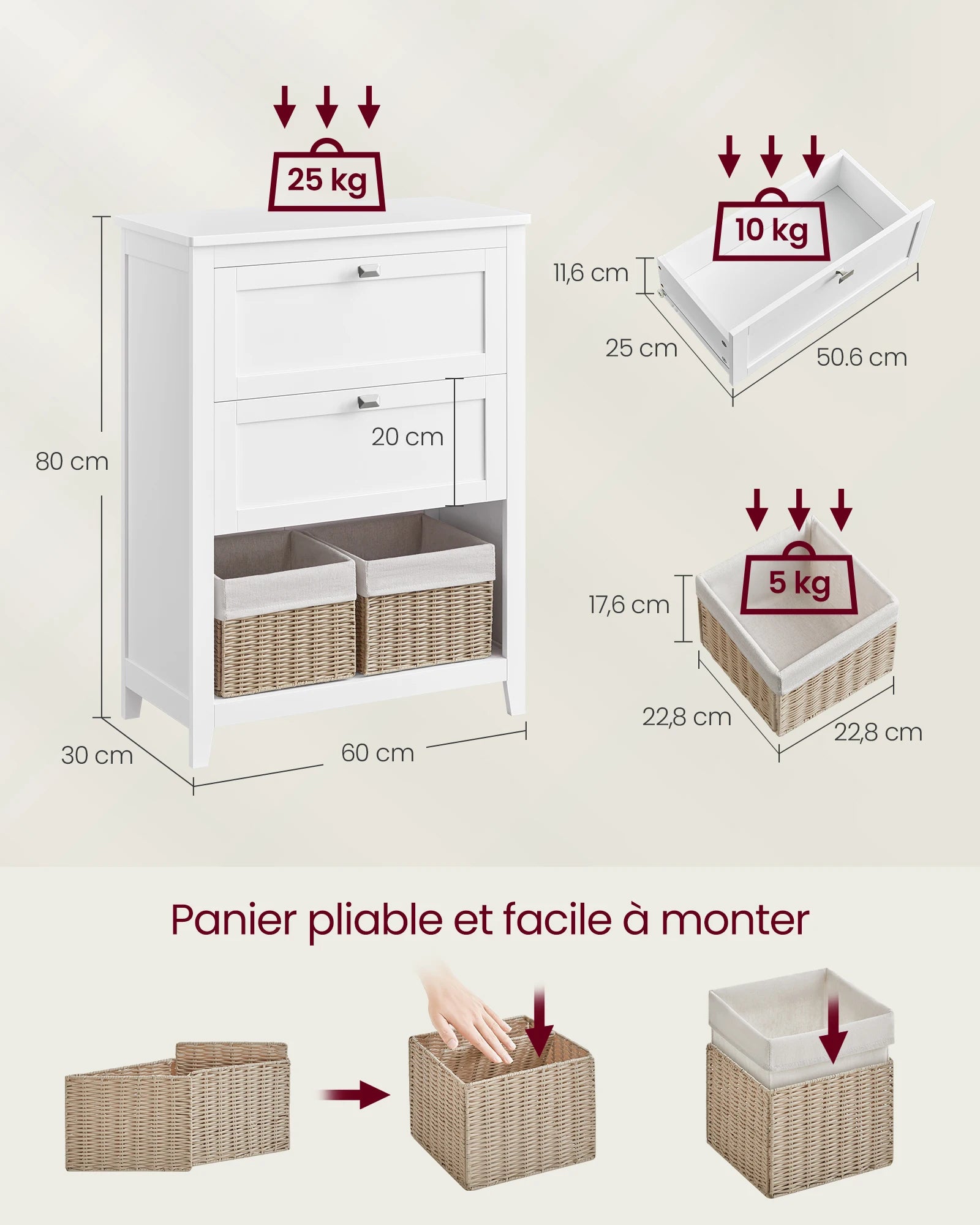 Meuble salle de bain sans vasque emplacement panier - 30 x 60 x 80 cm -