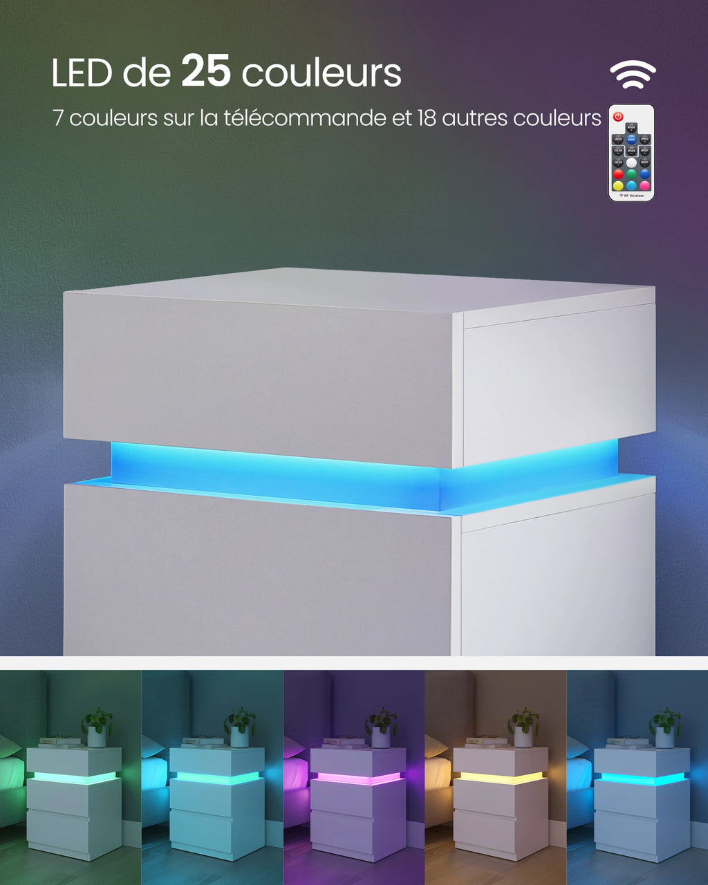 Table de chevet pas chère à LED et 3 tiroirs 2 pcs -