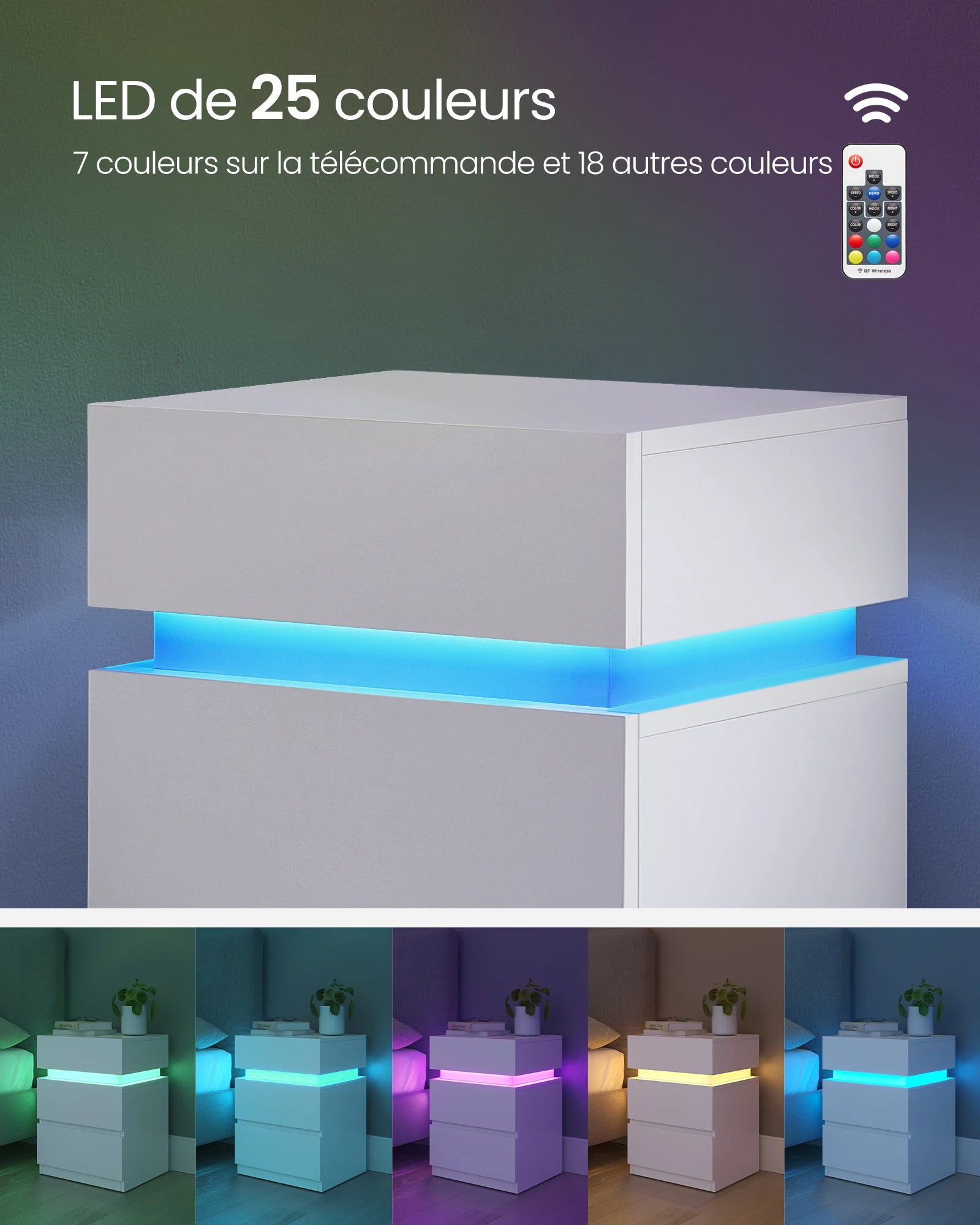 Table de chevet pas chère à LED et 3 tiroirs 2 pcs -