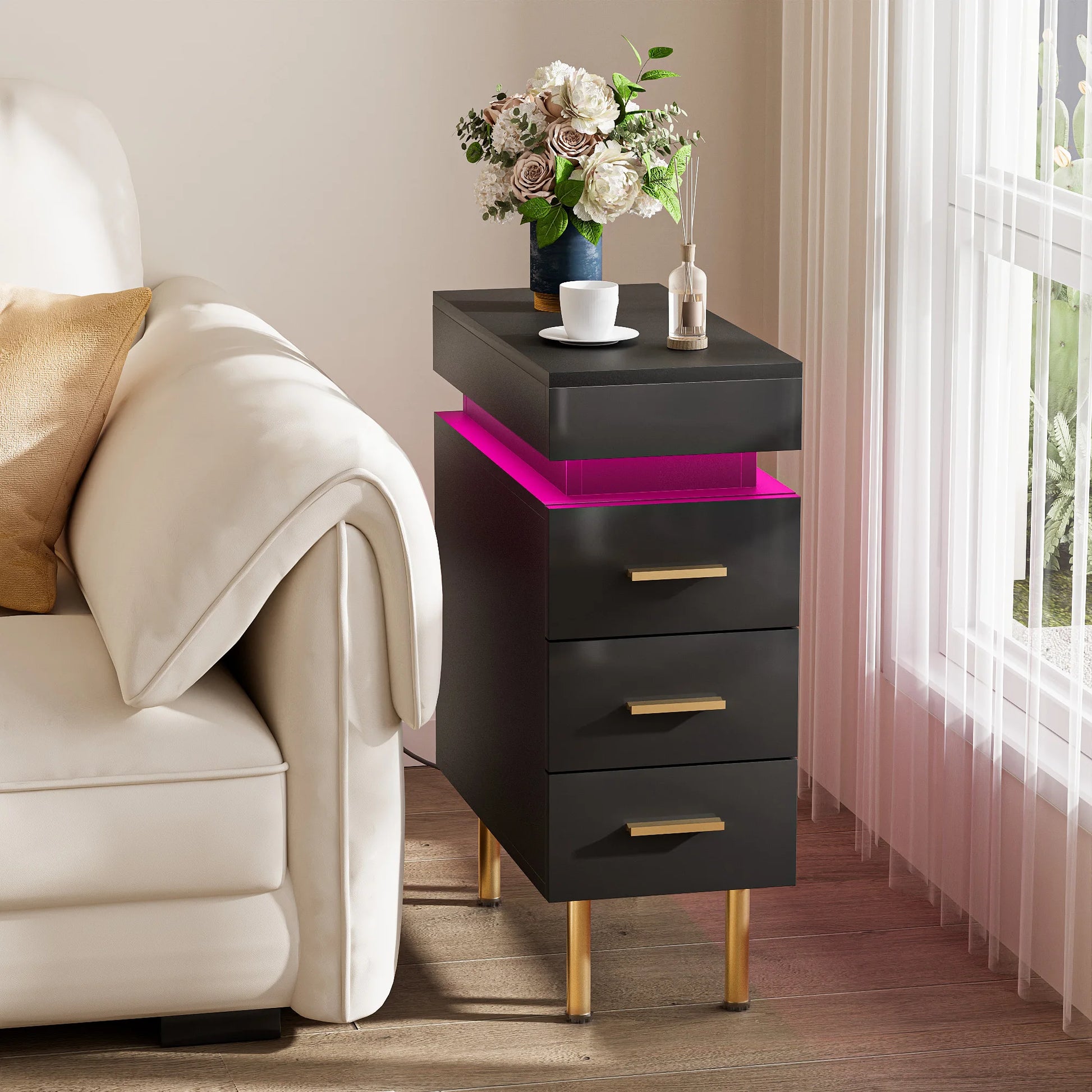 Table de nuit connecté avec station de charge et 3 tiroirs -