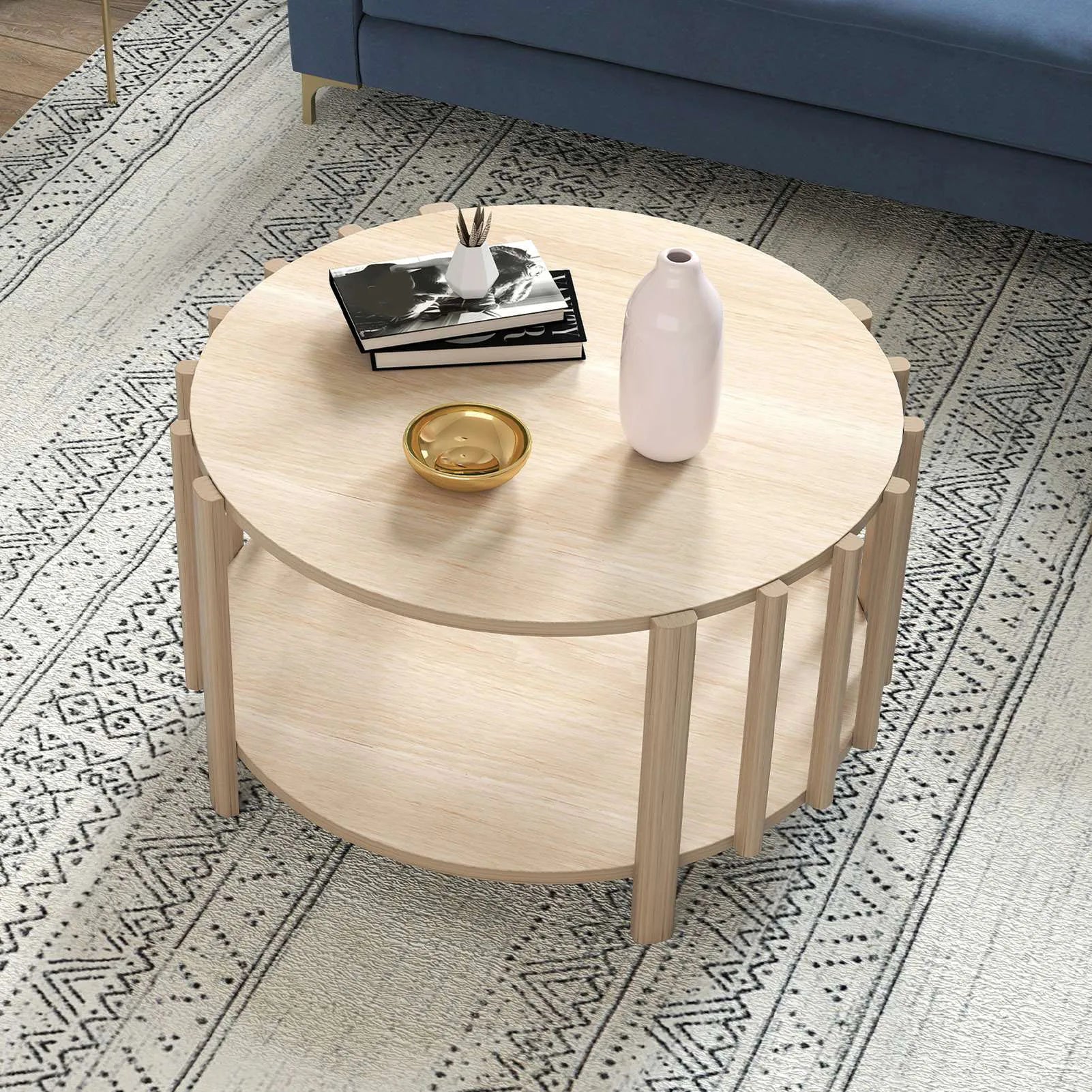 Table basse ronde avec rangement minimaliste -