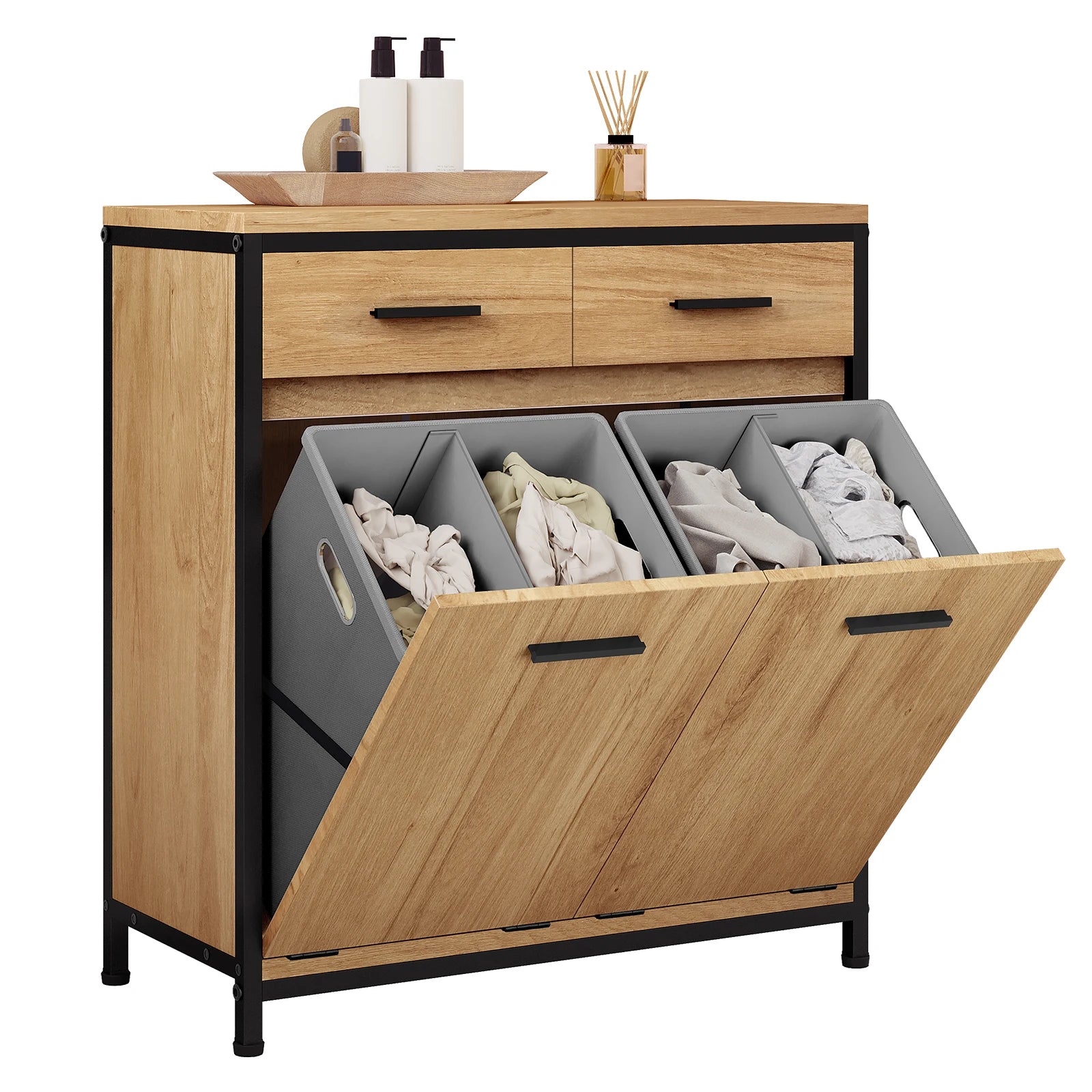 Meuble salle de bain bois foncé avec panier vêtements -