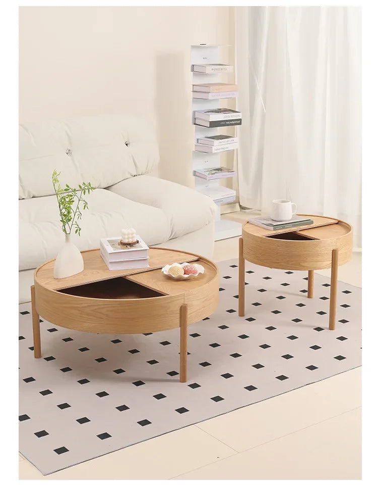 Table basse bois clair scandinave ronde avec rangement -
