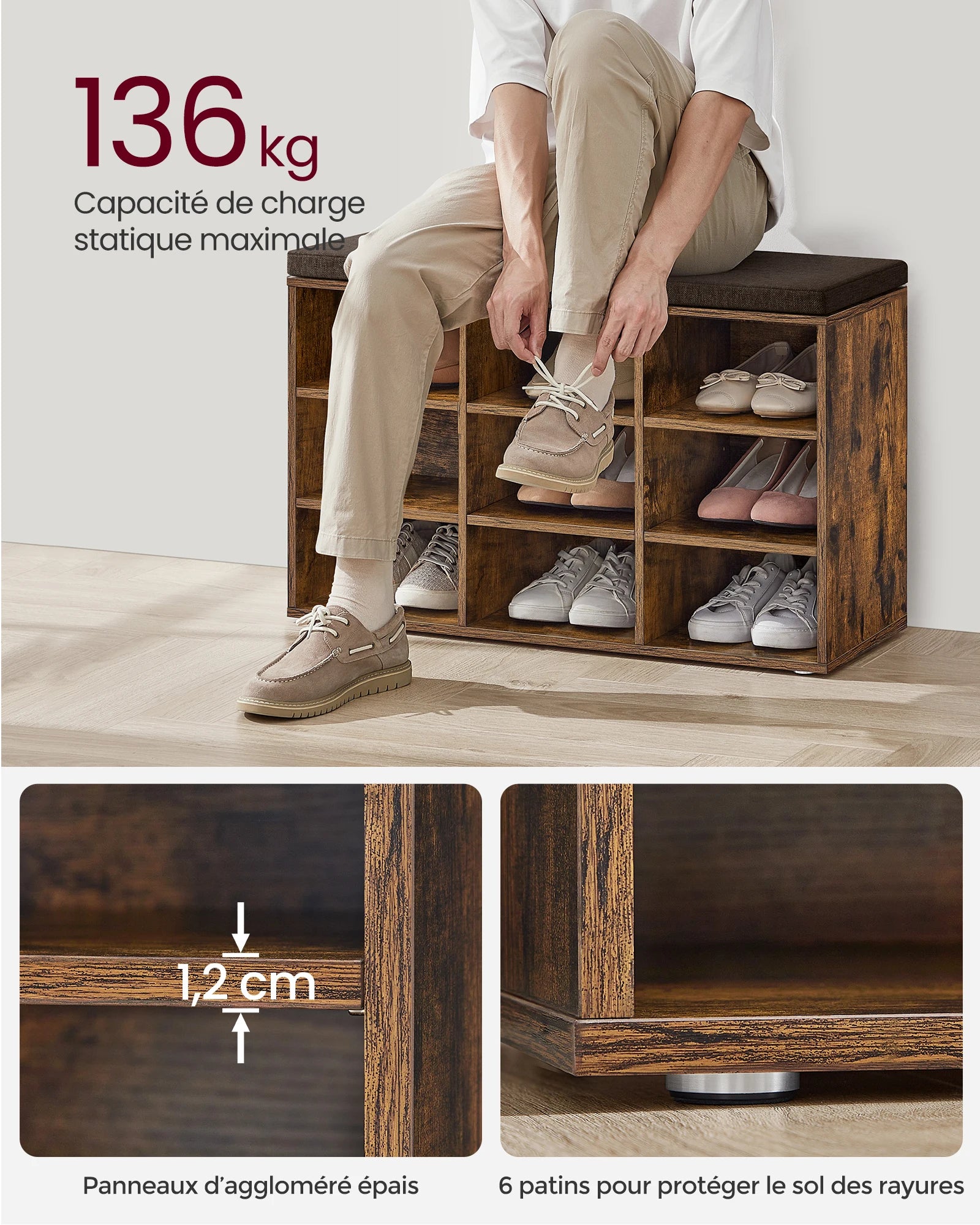 Grand meuble à chaussure et banc 9 Compartiments -