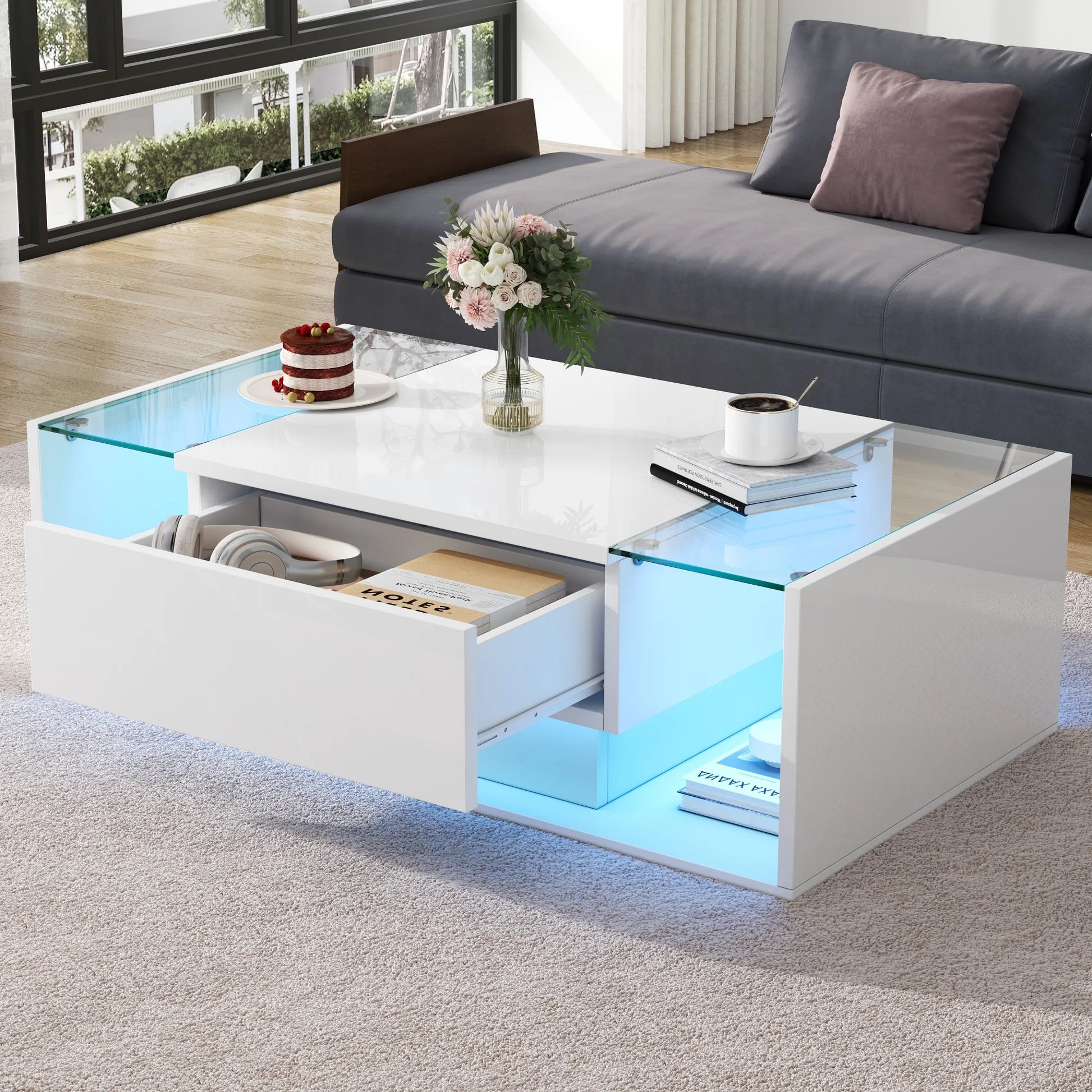 Table basse bois blanche et verre + led lumineux -