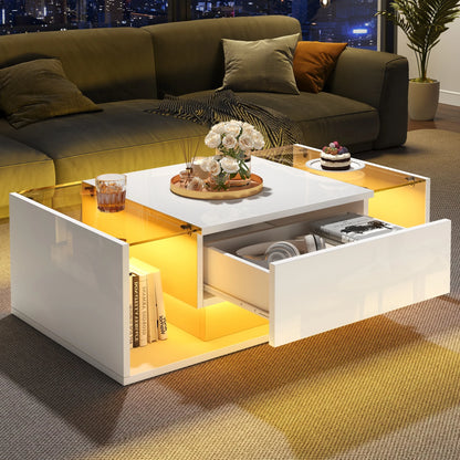 Table basse bois blanche et verre + led lumineux -