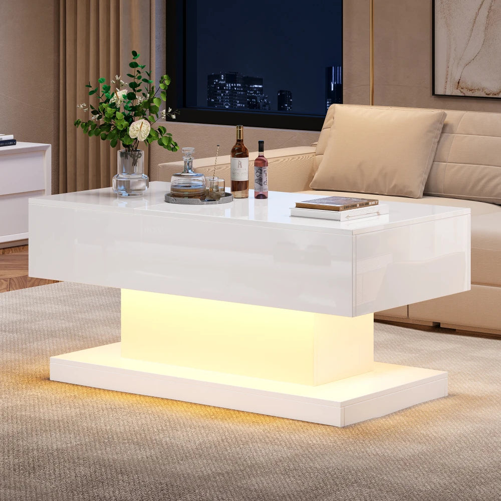 Table basse design blanc avec éclairage LED 100x50x45 Cm -