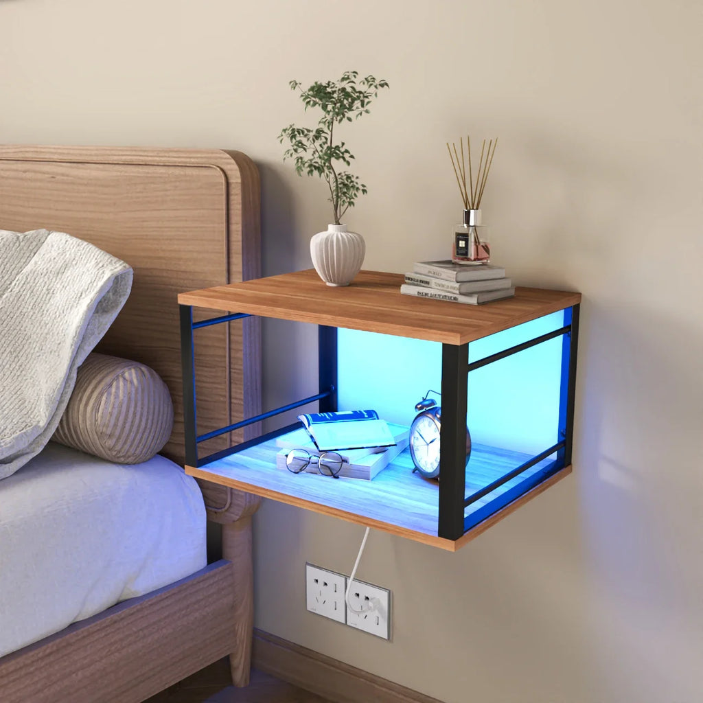 Table de nuit bois clair et métal pour mur à LED -