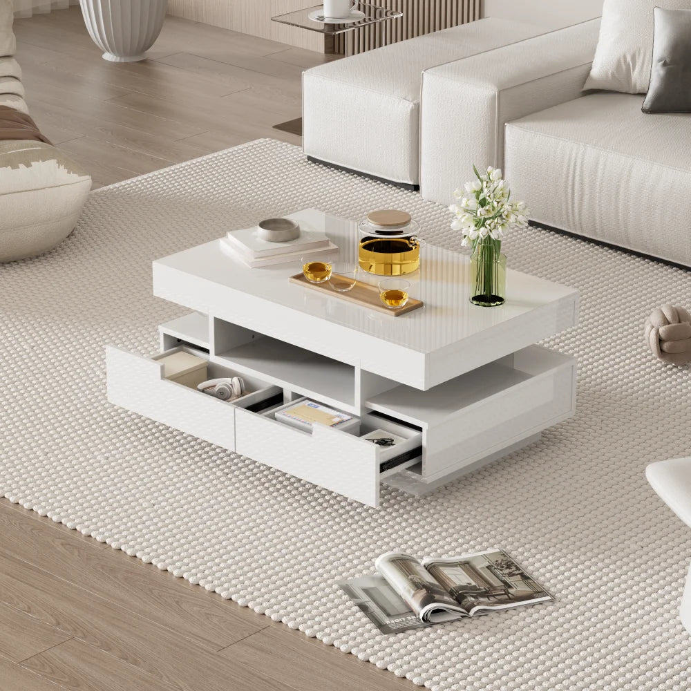 Table basse rectangulaire laquée avec tiroir et LED -