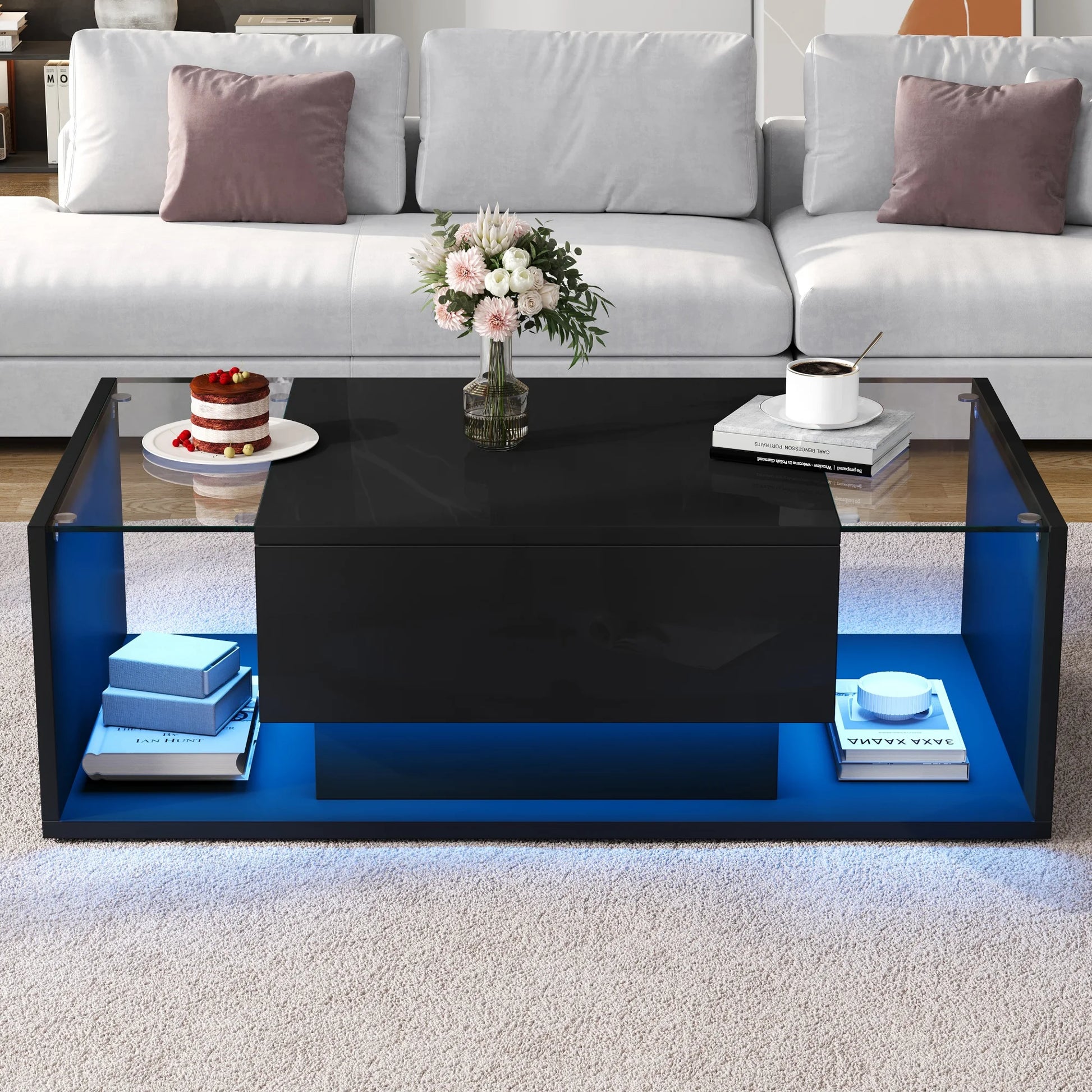 Table basse bois blanche et verre + led lumineux -