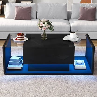 Table basse bois blanche et verre + led lumineux -