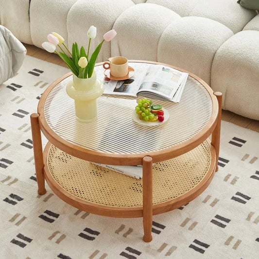 Solid Wood Rattan Woven Coffee Table Living Room Sofa Side Table Japanese Round Glass Table Mobile Storage Ddesk Home Furniture -