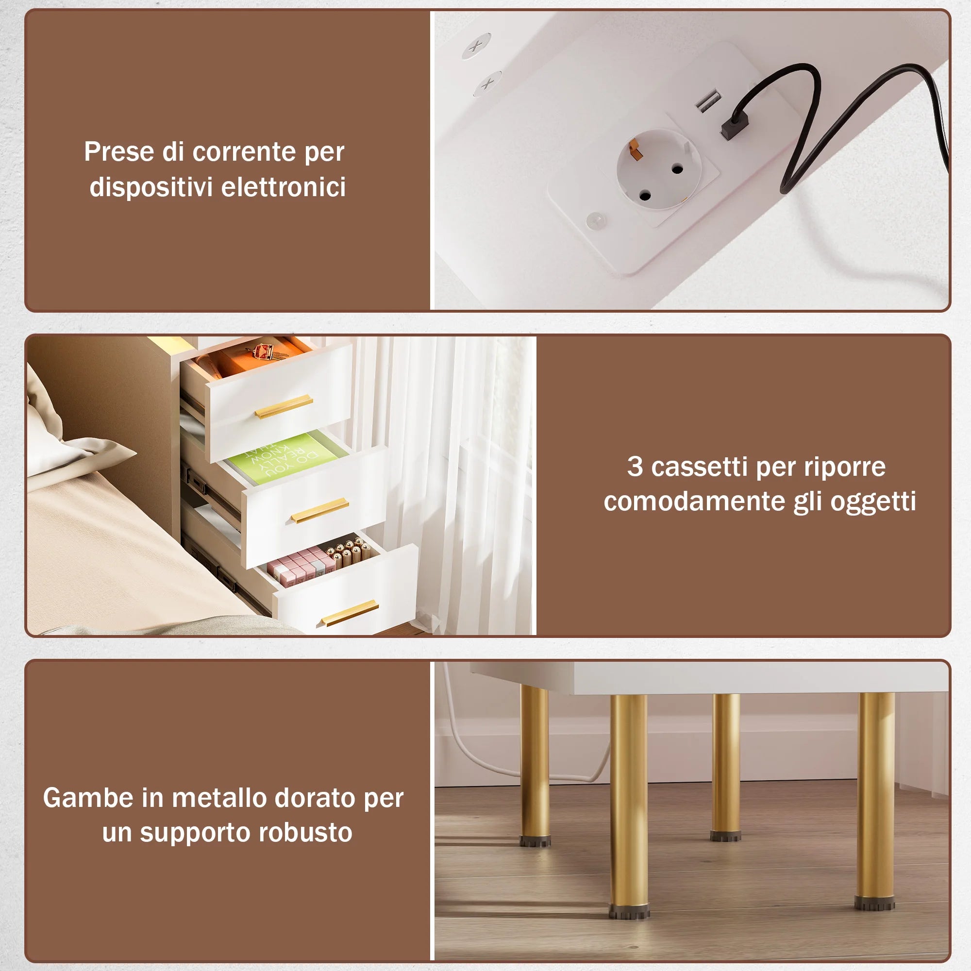 Table de nuit connecté avec station de charge et 3 tiroirs -