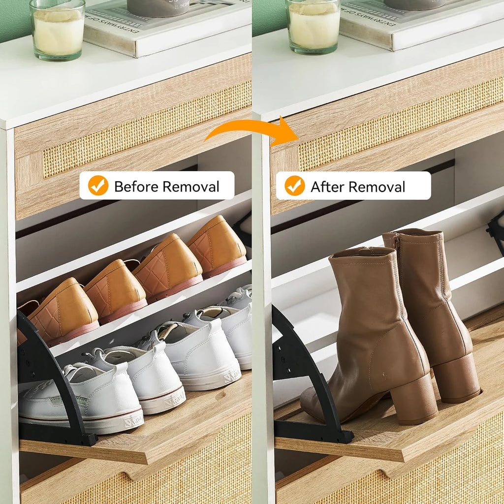 Meuble à chaussure dissimulé en rotin avec 2 portes abattables -