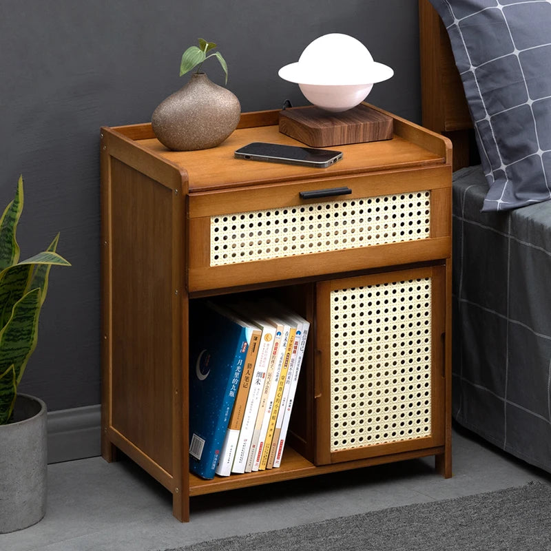 Table de nuit rangement rétro de couleur marron -