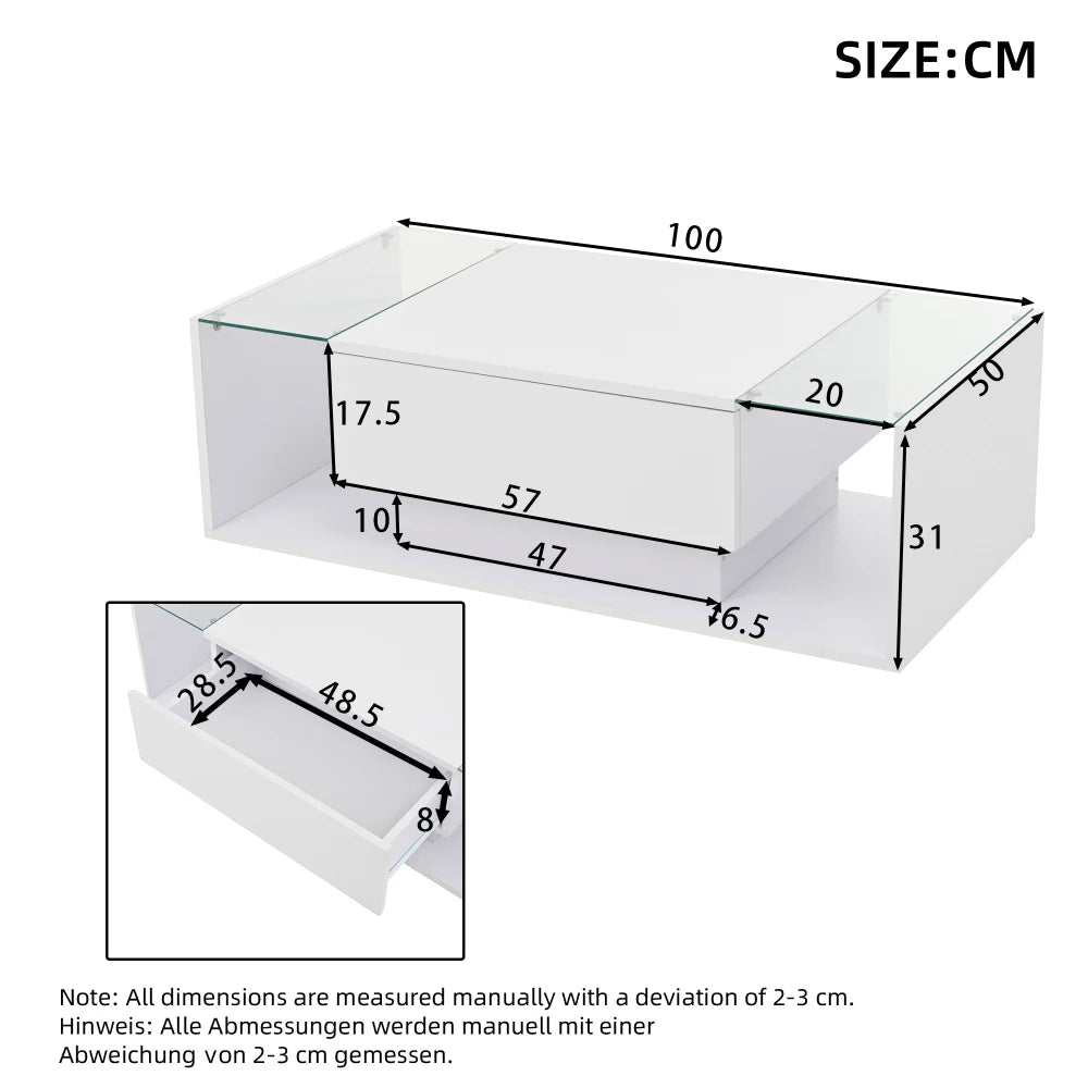 Table basse verre et led lumineuse - 100 x 50 x 31cm -